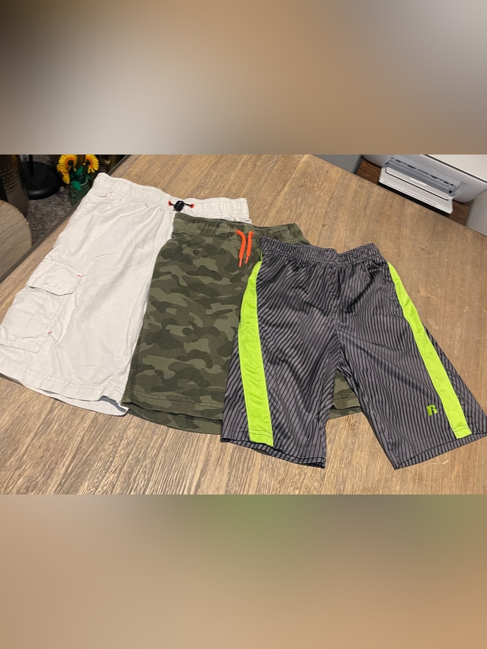 3-Pair Bundle Boys Shorts - Olive Camo & Neon Lime Stripe, Cargo Cream, Size Med